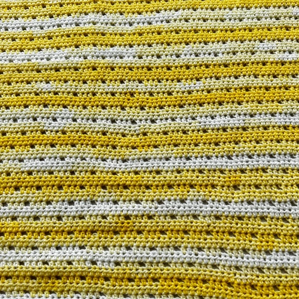 Handmade Crochet Baby Blanket Yellow White Striped Knit Nursery Throw 28x30